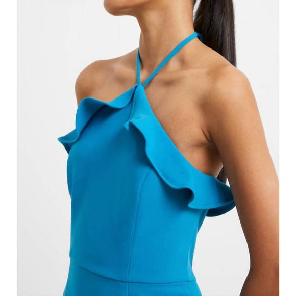NEW FRENCH CONNECTION whisper ruth ruffle halter neck dress in mosaic blue - Picture 3 of 3